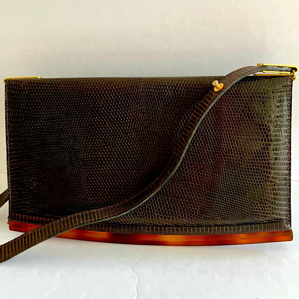 Pierre Balmain vintage snakeskin look leather clutch with amber accent